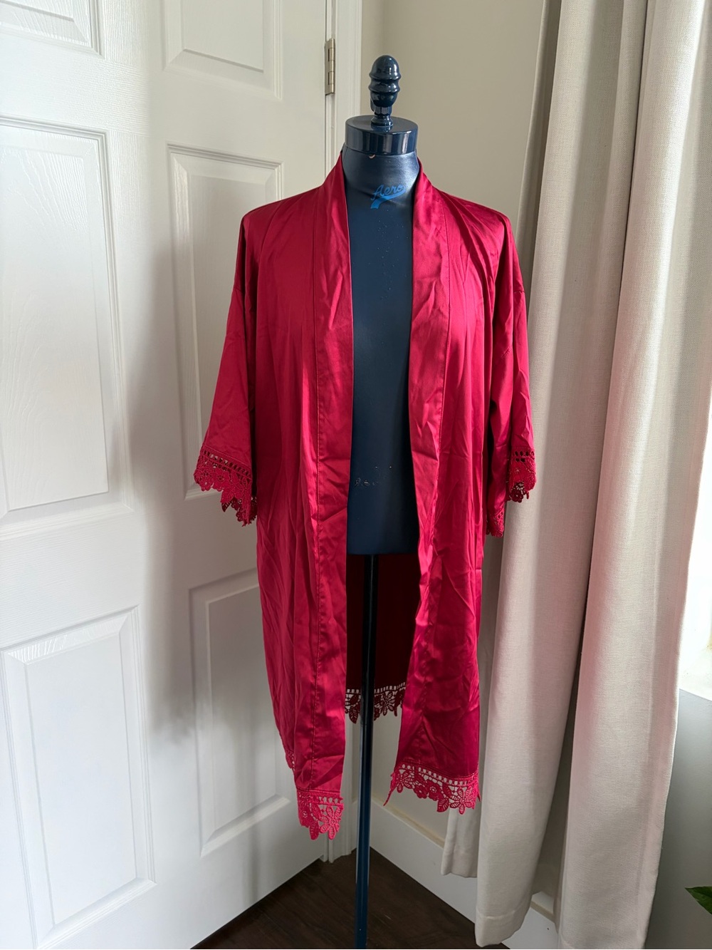 Women's Red Satin Lace-Trim Kimono Robe